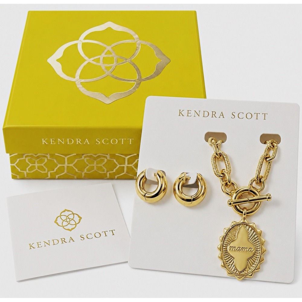 Kendra Scott Mama Mikki Gold Tone Necklace Pendant & Huggie Earrings Set